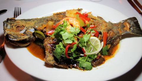 Whole flounder with a Thai-style thatch of flavors.