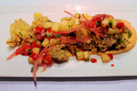Fried oysters and crunchy vegetables.