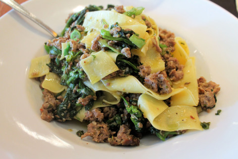 Pappardelle, Italian sausage, and broccoli raab.
