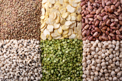 Lucky beans for New Year's eating. Counter-clockwise from lower left: blackeyes, green peas,  chickpeas, cowpeas (crowders), fava beans (lucky for Italians), and lentils. 