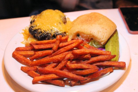 Hamburger and sweet potato fries at N'Tini's.