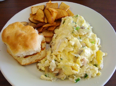 Eggs with crabmeat at Liz's WhereYaAt Cafe.
