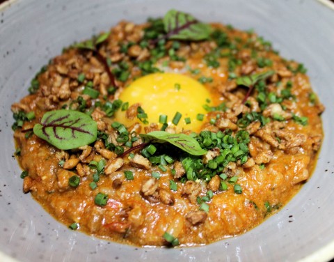 Boudin with farro and barely-poached egg.