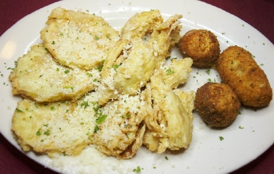 Fried eggplant, artichokes, and croquettes.