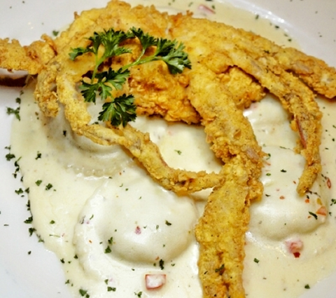 Soft-shell crabs and crabmeat ravioli, Fausto's.