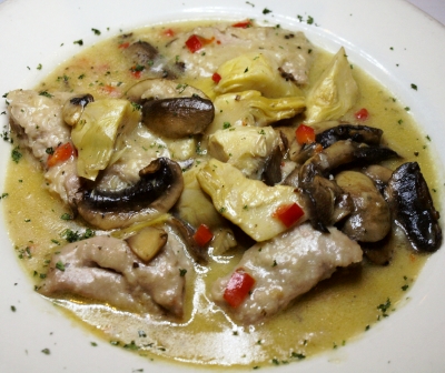 Veal with artichokes and mushrooms.