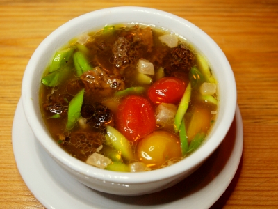 Vegetable soup with morels.