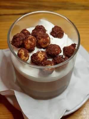 Gianduja pudding with candied hazelnuts.
