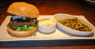 The Zea burger, with a side order of collard greens.