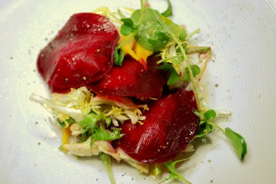 Beets with crabmeat.