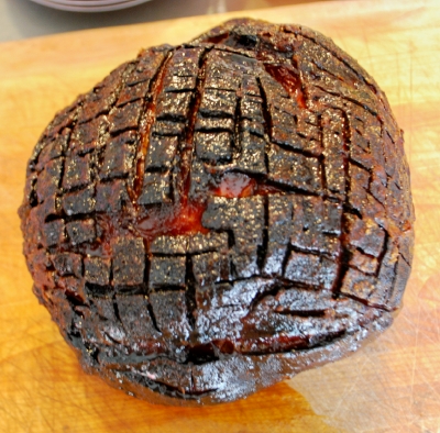 Root beer-glazed ham, right out of the oven.