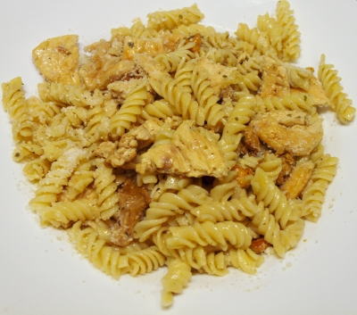 Rotini with chicken and chanterelles.